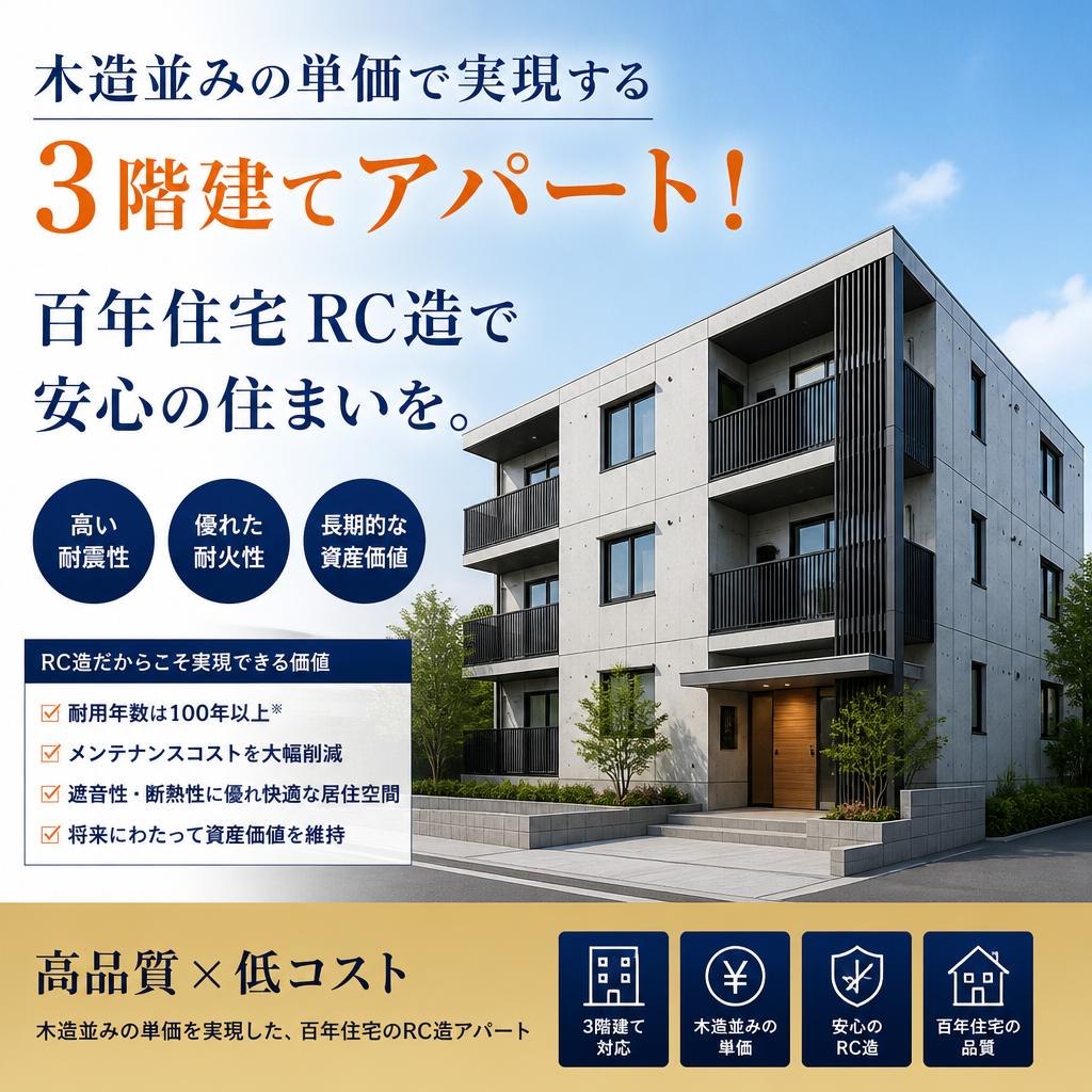 木造並みの単価で実現する3階建てアパート！RC造で安心の住まいを。/守谷市周辺でアパートを建てるなら株式会社壁工房