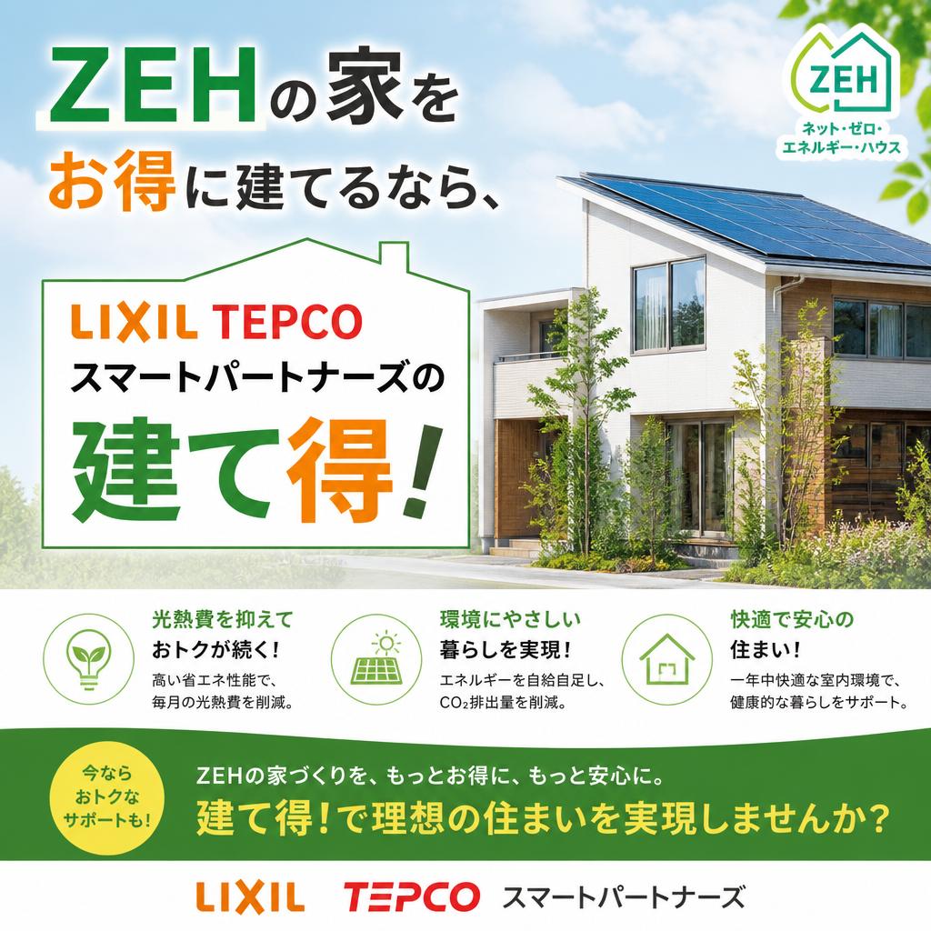 ZEHの家をお得に建てるなら、LIXIL TEPCO スマートパートナーズの建て得！/守谷市周辺で注文住宅なら株式会社壁工房