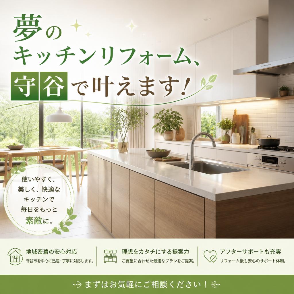 夢のキッチンリフォーム、守谷で叶えます！守谷市周辺でキッチンリフォームなら 株式会社壁工房にお任せください